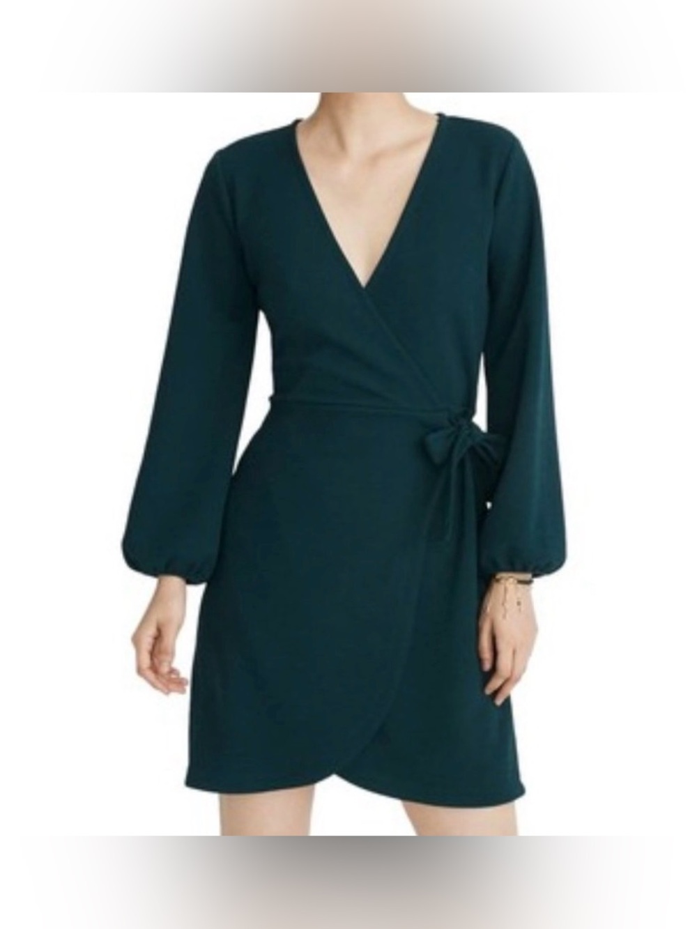 Madewell faux wrap dress puff long sleeves v neck tie front office teal S
